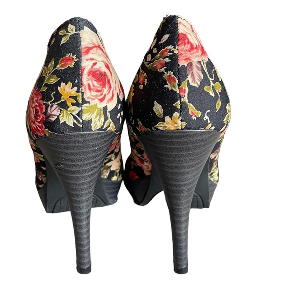 Rampage Womens 7 Black Pink Floral Print Stiletto High Heels Peep Toe Bow Shoe - Picture 4 of 13